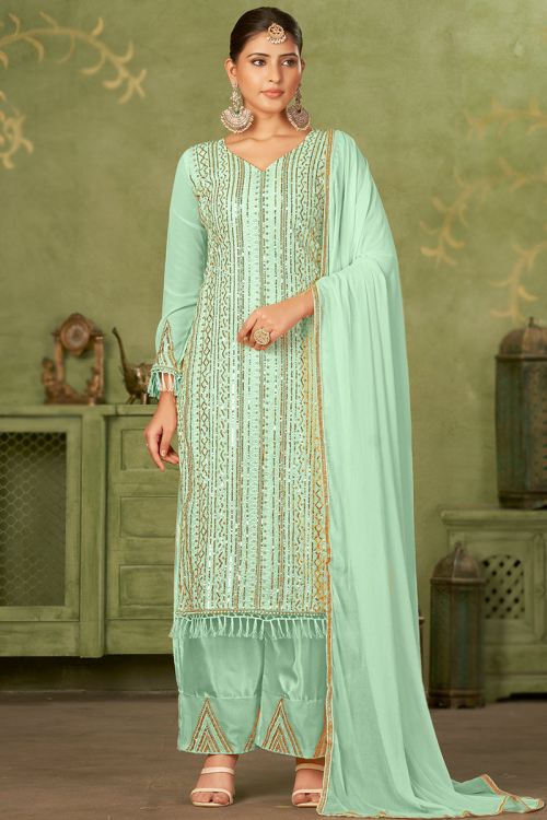 Mint Green Georgette Resham Embroidered Palazzo Suit