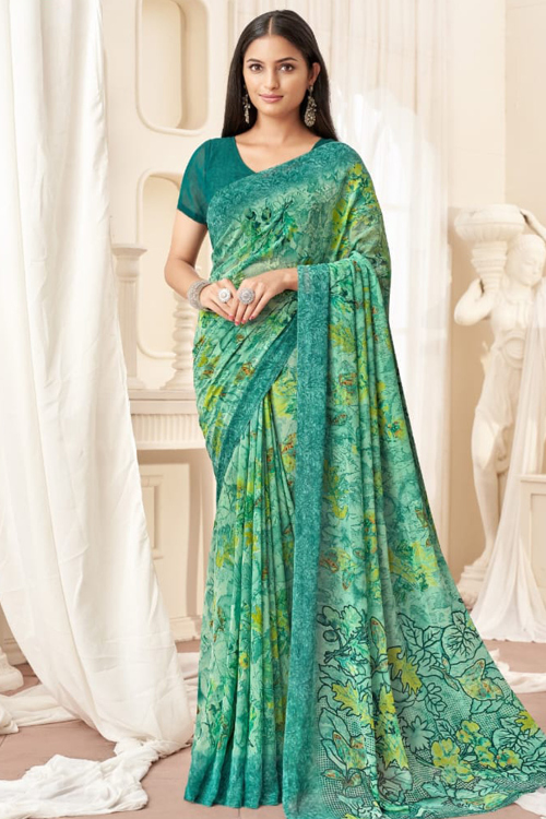 Mint Green Georgette Saree With Printed Work For Casual Wear