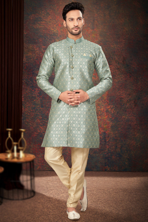 Mint Green Jacquard Weaved Zari Angrakha Style Men's Sherwani 