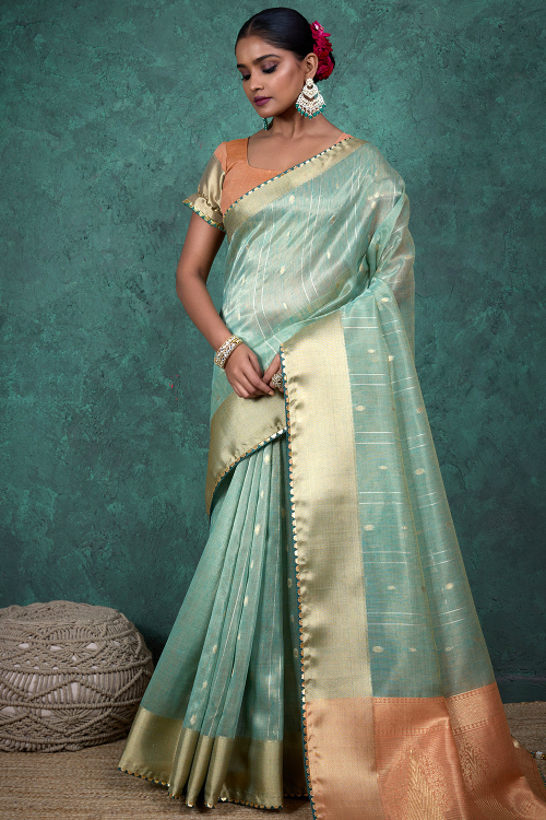 Mint Green Linen Saree With Woven Zari Work For Festival 