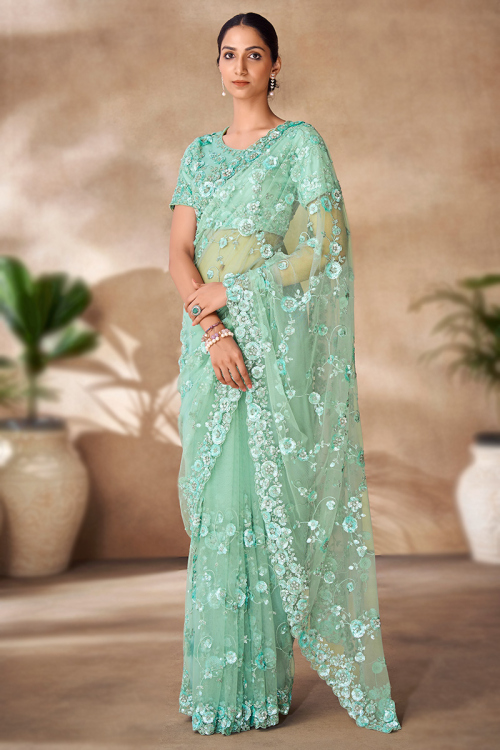 Mint Green Net Cutdana Embroidered Light Weight Saree 