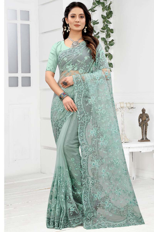 Mint Green Net Saree for Party Wear with Stone embroidery