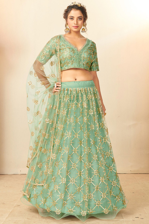 Mint Green Net Sequins Embroidered Lehenga