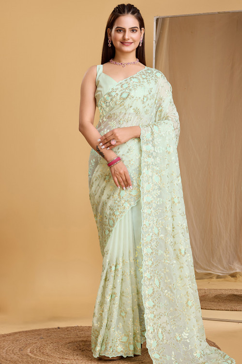 Mint Green Organza Sequins Embroidered Saree For Mehndi 