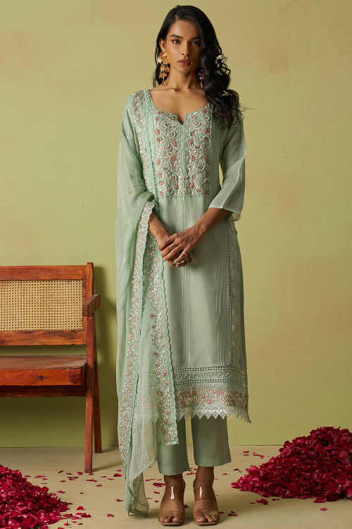 Mint Green Organza Straight Cut Trouser Suit With Beads Work 