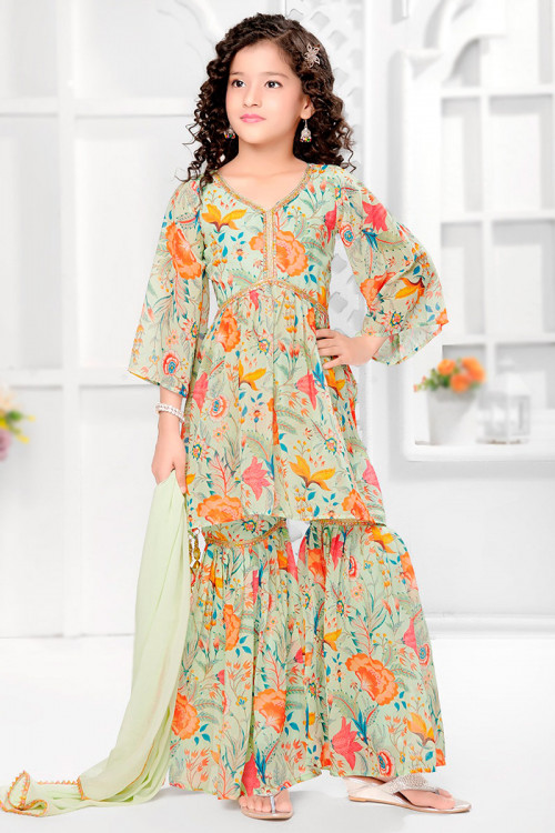Mint Green Printed Georgette Girl's Sharara Suit 