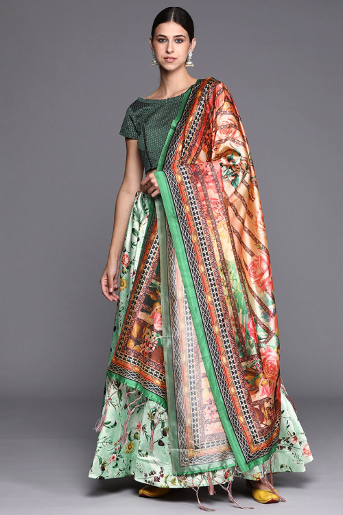 Mint Green Printed Satin Silk A Line Lehenga