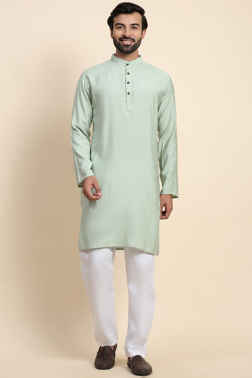 Mint Green Rayon Plain Straight Cut Men's Kurta Pajama 