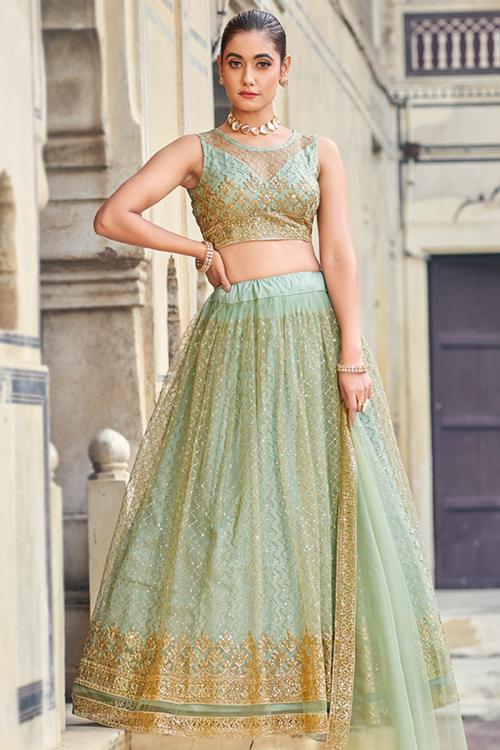 Mint Green Sequins Embroidered Net Lehenga For Mehndi 