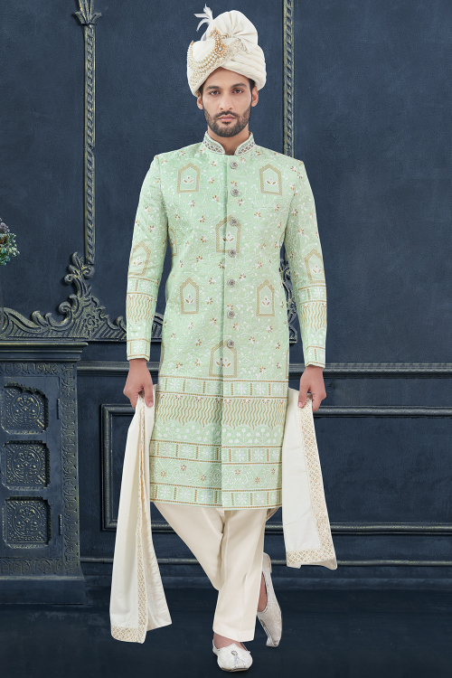 Mint Green Silk Blend Embroidered Jacket Style Men's Sherwani