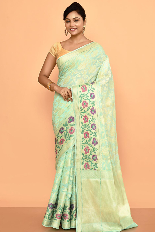 Mint Green Silk Blend Saree With Weaved Work For Festival
