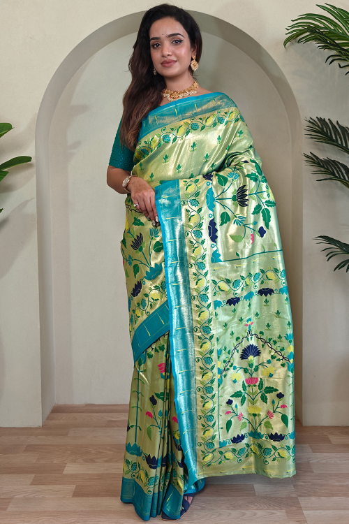 Mint Green Silk Blend Weaved Paithani Saree