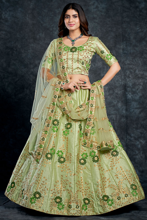 Resham Work Mint Green Lehenga in Silk for Sangeet
