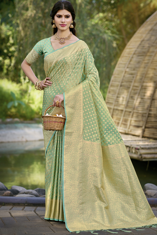 Mint Green Silk Woven Zari Broad Border Saree 