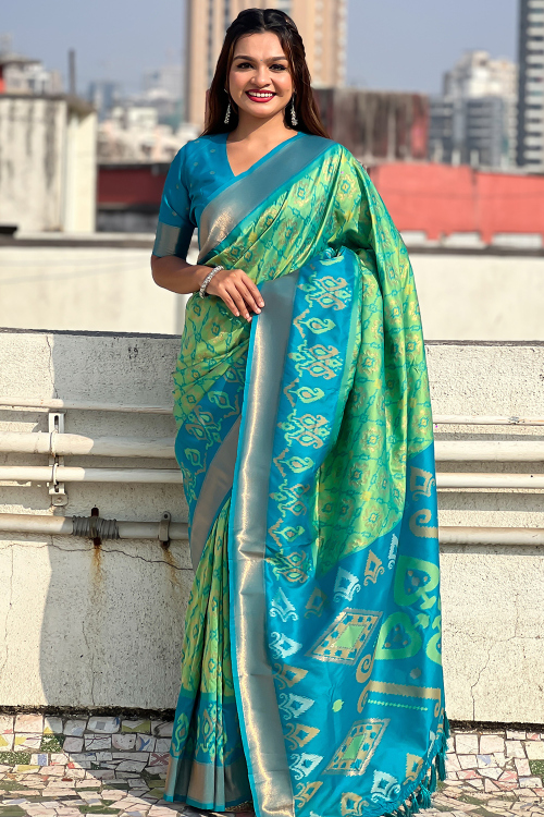 Mint Green Silk Saree with V Neck Zari Embroidered Blouse