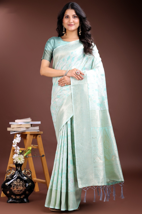 Mint Green Soft Silk Saree with Weaved Work for Diwali 