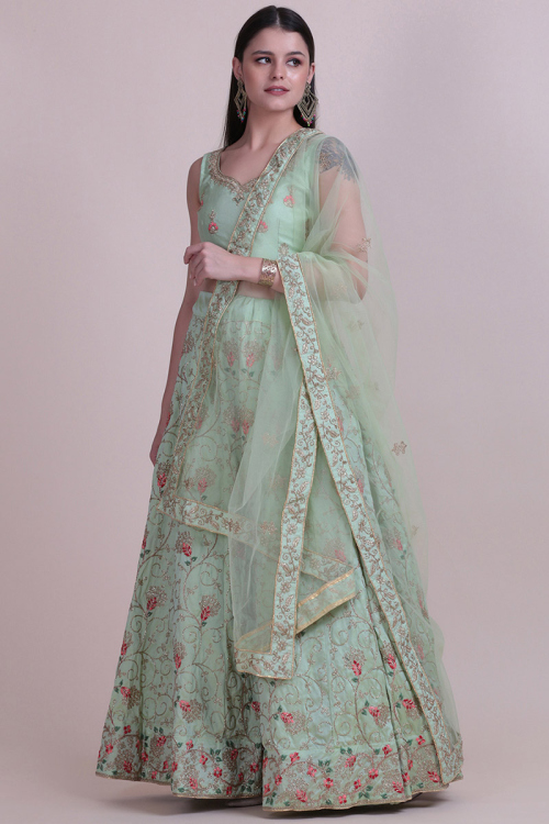 Mint Green Taffeta Silk A Line Embroidered Lehenga