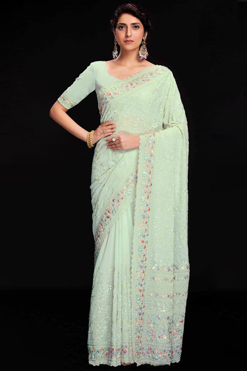 Mint Green Thread Embroidered Georgette Saree