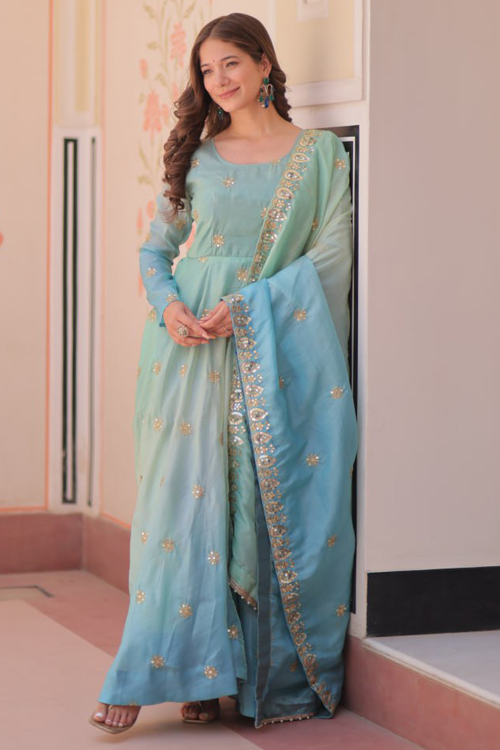 Mint Green Tissue Anarkali Suit With Zari Work For Festival