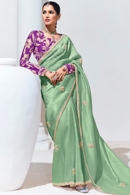 Mint Green Tissue Saree with Sequins Work for Diwali