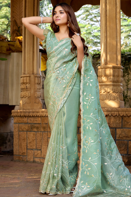 Mint Green Tissue Silk Saree With Sequins Work For Festival