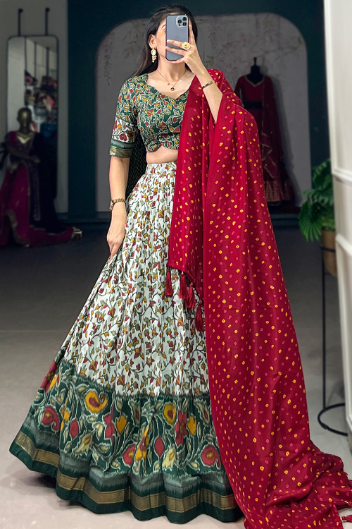 Mint Green Tussar Silk Lehenga With Printed Work For Diwali