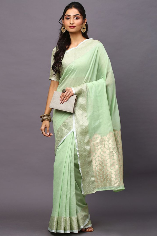 Mint Green Weaved Zari Casual Wear Chanderi Cotton Saree