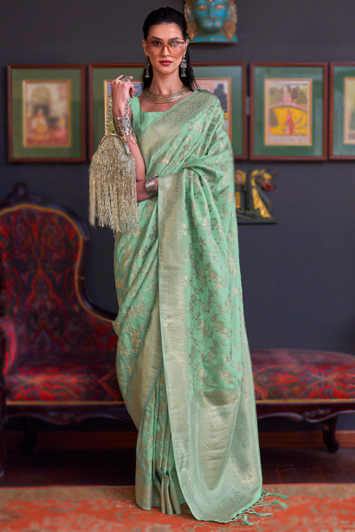 Mint Green Weaved Zari Silk Broad Border Saree 