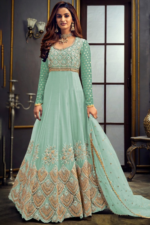 Mint Green Zari Embroidered Festival Wear Net Anarkali Suit