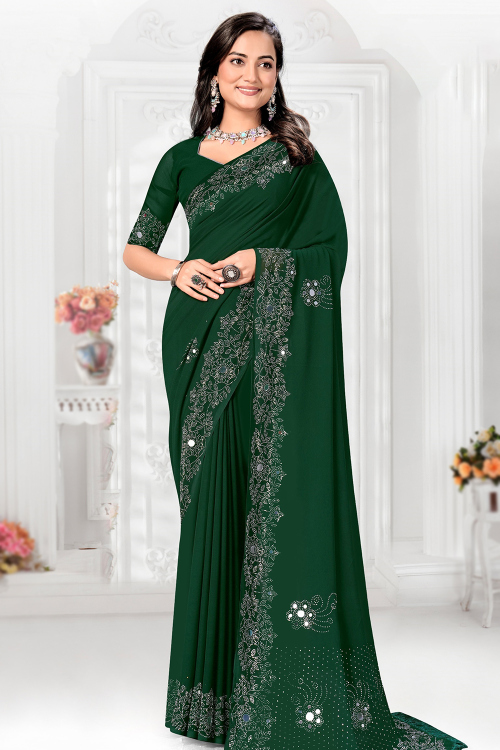 Mirror Embellished Dark Green Chinnon Light Weight Saree