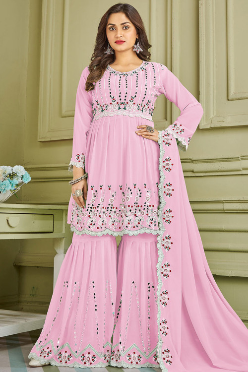 Mirror Embroidered Georgette Lavender Pink Sharara Suit