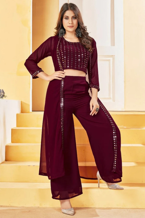 Mirror Embroidered Georgette Wine Maroon Trouser Suit