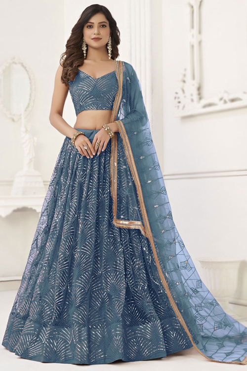 Mirror Embroidered Pastel Dark Blue Net Flared Style Lehenga