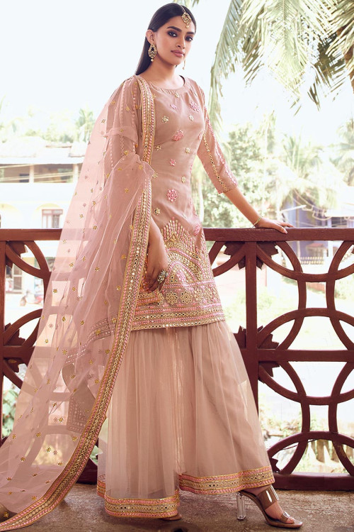 Faux Mirror Work Embroidered Dusty Peach Sharara Suit