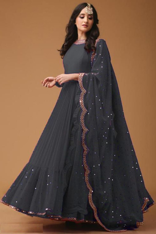 Mirror Work Embroidered Georgette Charcoal Grey Anarkali Suit