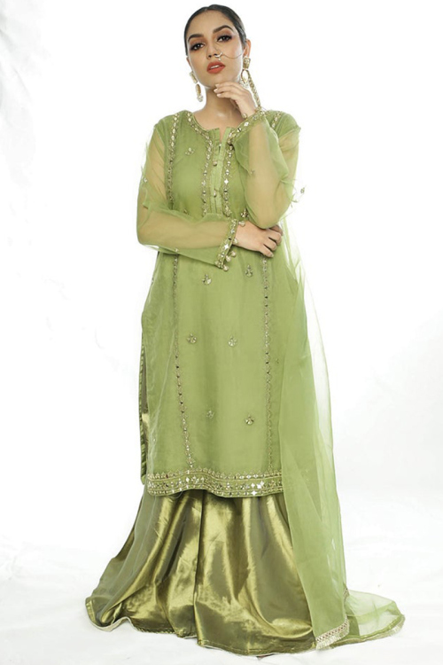 Mirror Work Embroidered Organza Pistachio Green Sharara Suit
