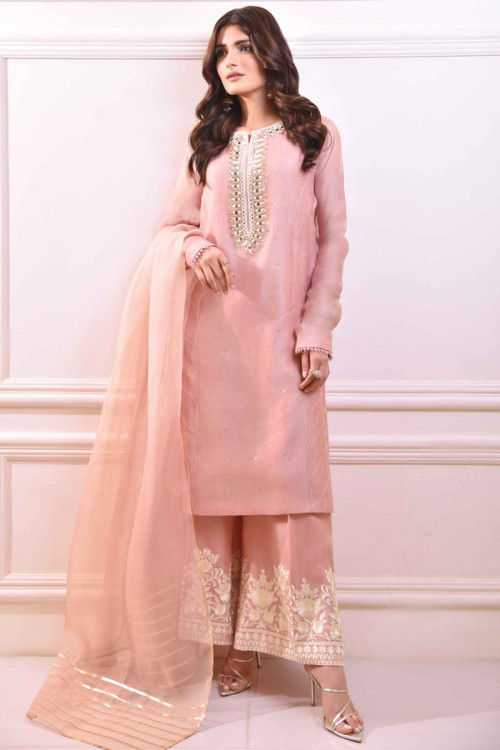Mirror Embroidered Silk Creamy Pink Trouser Suit