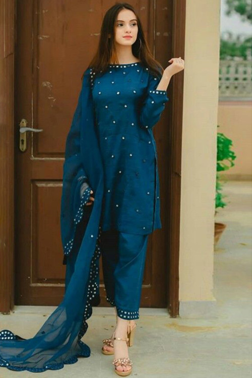 Mirror Work Embroidered Silk Peacock Blue Trouser Suit