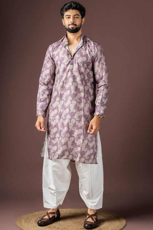 lilac Purple Cotton Men's Kurta Pajama With Printed Work