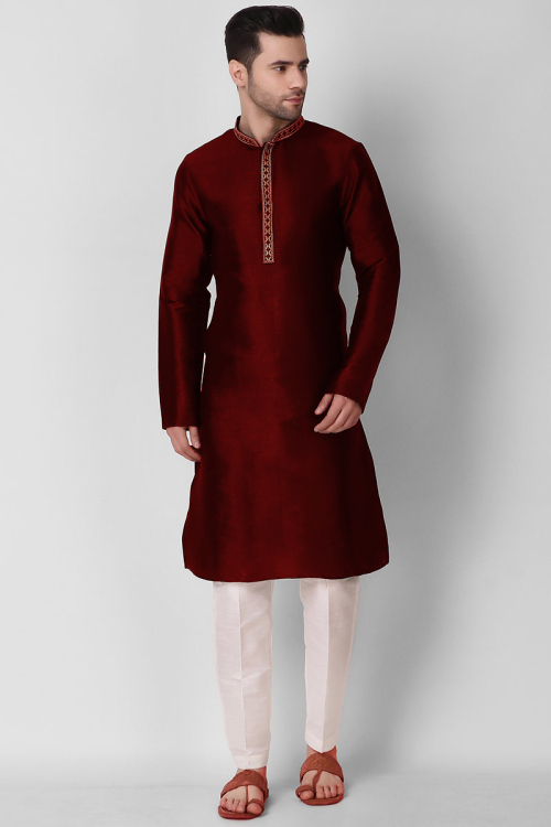 Plain Art Silk Deep Red Men Kurta Pajama for Wedding & Party