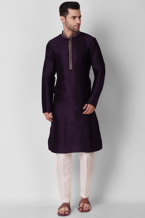 Plain Art Silk Dark Purple Men Kurta Pajama for Wedding & Party