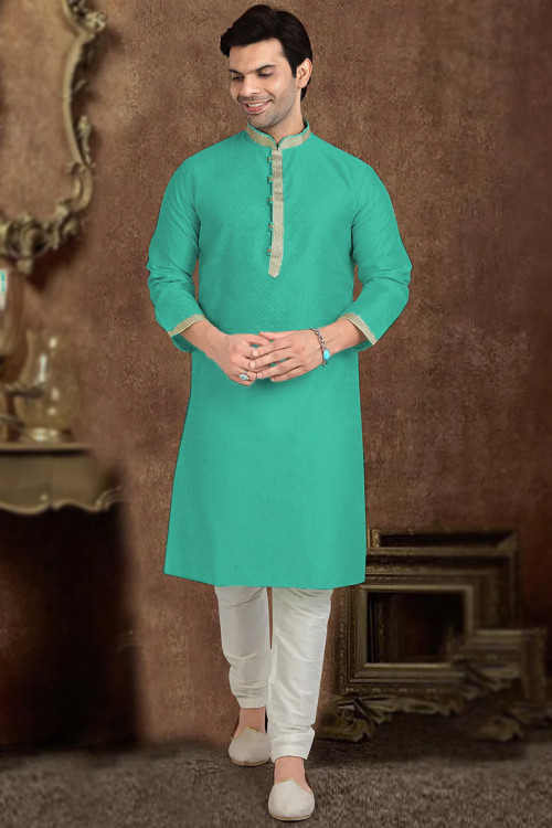 Turquoise Green Silk Woven Zari Men's Kurta Pajama