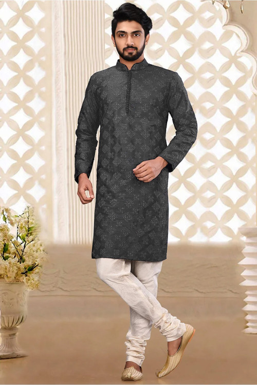 Thread Work Embroidered Dupion Silk Grey Men Kurta Pajama for Eid