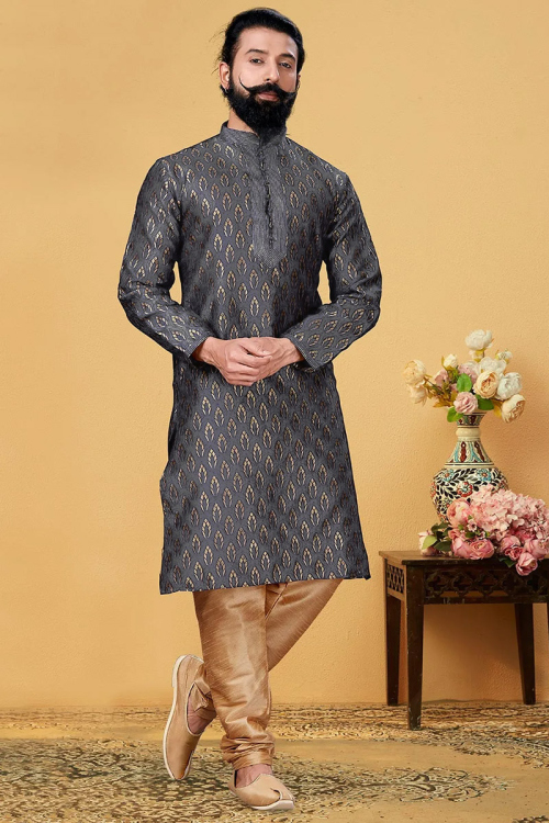 Jacquard Charcoal Grey Men Churidar Kurta for Wedding & Party