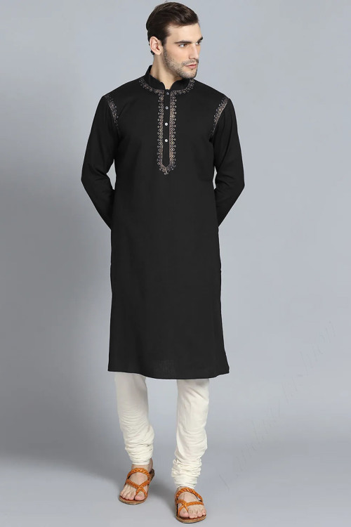 Midnight Black Cotton Kurta Pajama With Zari Work for Eid