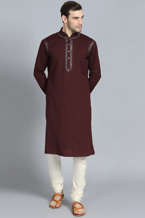 Midnight Dark Brown Cotton Kurta Pajama With Zari Work for Eid