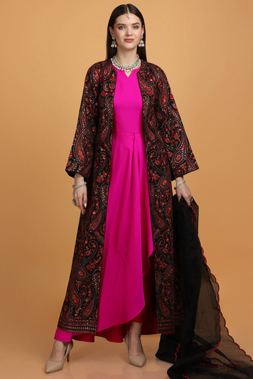 Modal Satin Magenta Pink Eid Gown In Dual Tone