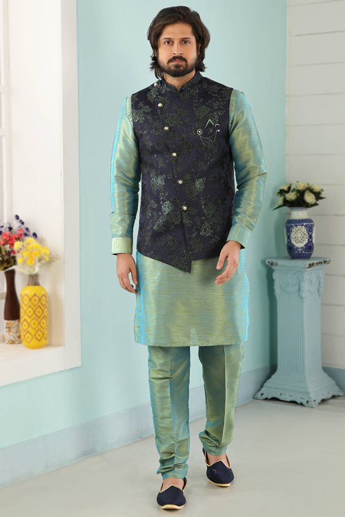 Moss Green Art Silk Men's Kurta Churidar With Waistcoat