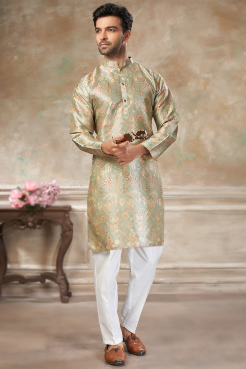 Moss Green Art Silk Men's Kurta Pajama With Printed Work