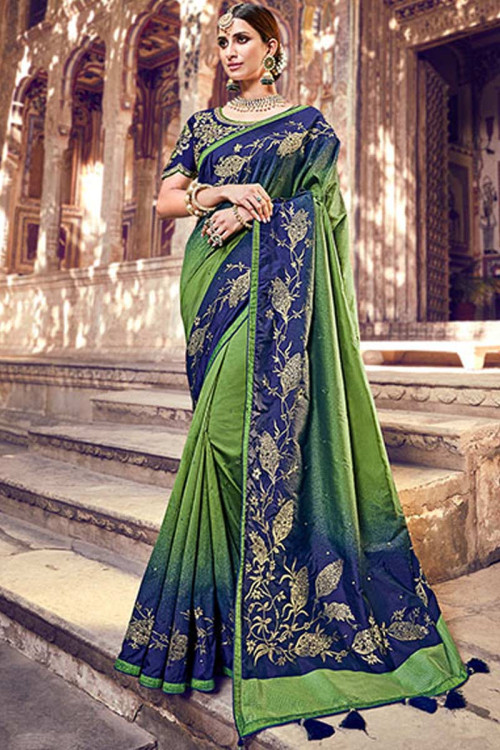Buy Moss Green Banarasi Silk Saree With Banglori Silk Blouse Online ...